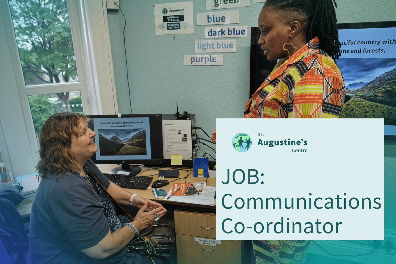 image of two women speaking and a title box that says "JOB: Communications Co-ordinator"