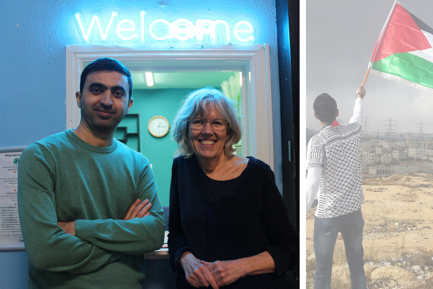 image of a woman and a man with "welcome" above their head, alongside an image of a person waving a Palestine flag
