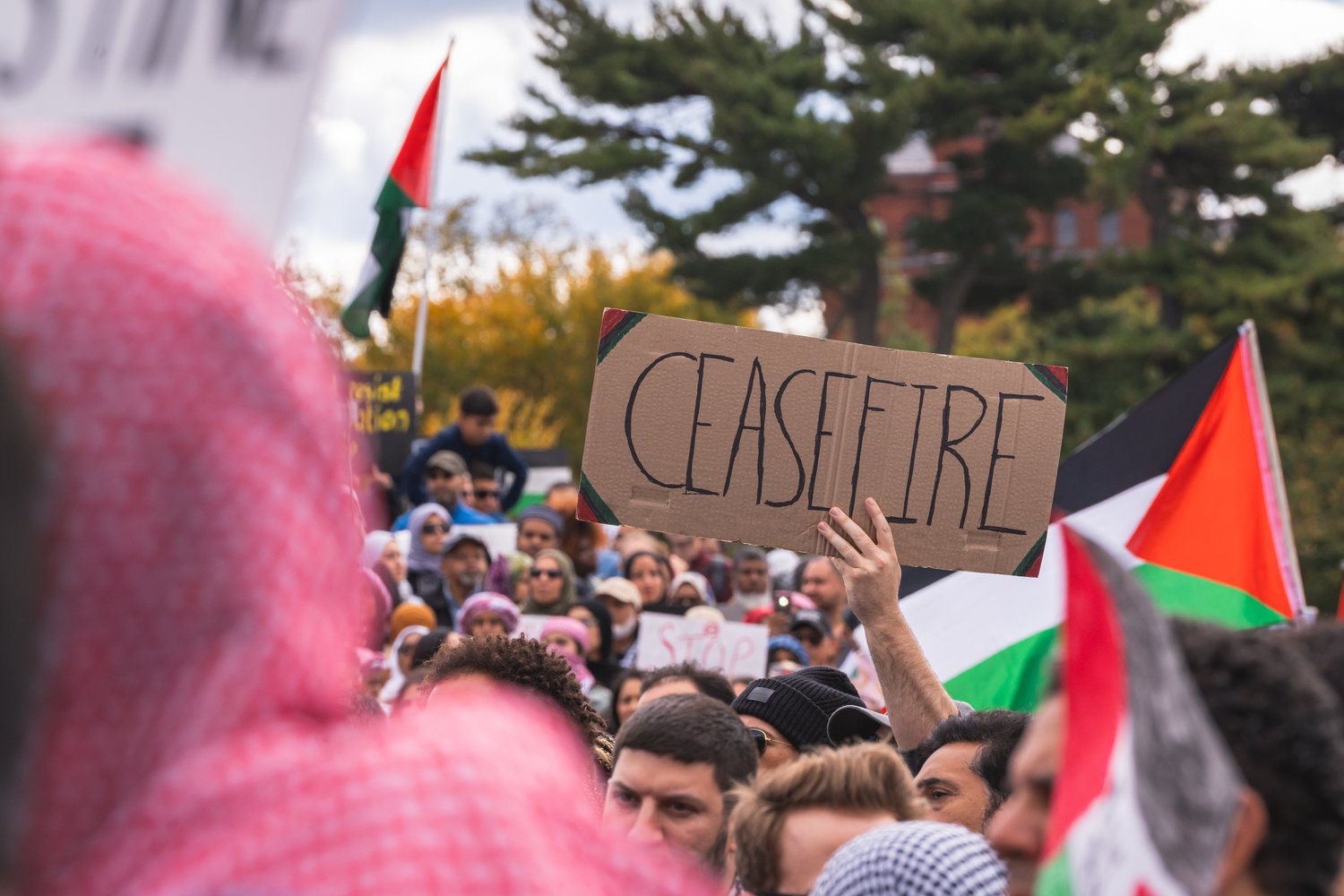 a crowd of people holding Palestinian flag and one sign that reads "CEASEFIRE"