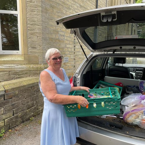 Bernice and Eddie from Luddendenfoot Community Centre bring surplus food from Tesco twice a week for our Welcome Café
