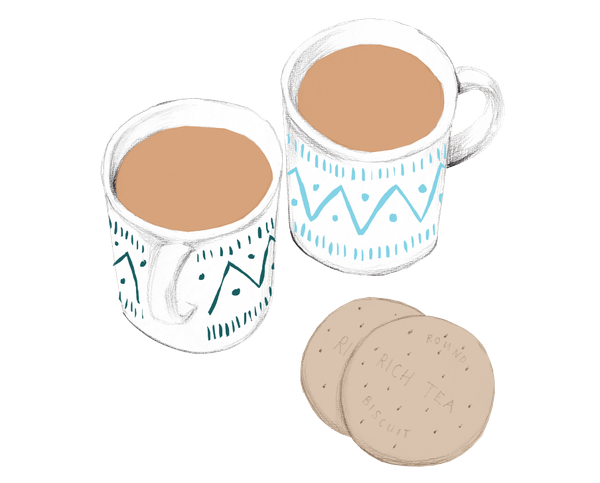 illustration of mugs with coffee and tea and biscuits