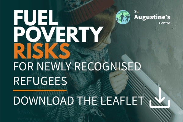 Fuel Poverty Risks for Newly Recognised Refugees – St Augustine’s Centre. A person wearing a knitted hat and warm clothing sits beside a radiator.